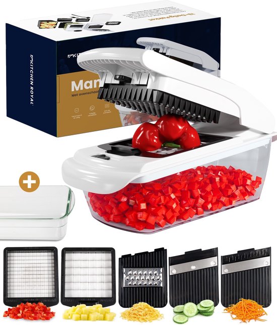 Kitchen Royal® - Mandoline Groentesnijder – Slicer Dicer Frietsnijder – Uiensnijder met Glazen Ovenschaal – 13-delig Set