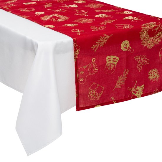 Feeric christmas tafelloper kerst - rood/goud -polyester -200 x 45 cm