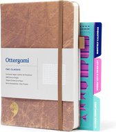 Ottergami Carnet A5 - Carnet Journal à Pois - Papier Épais de Haute Qualité 150g/ m2 - 144 pages - Bullet Journal Cuir Marron - Couverture Cuir Vegan avec Elastique