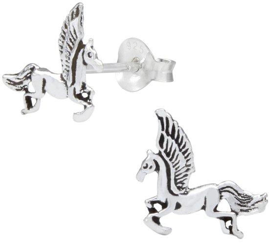 Joy|S - Zilveren Pegasus oorbellen - geoxideerd - gevleugelde paard