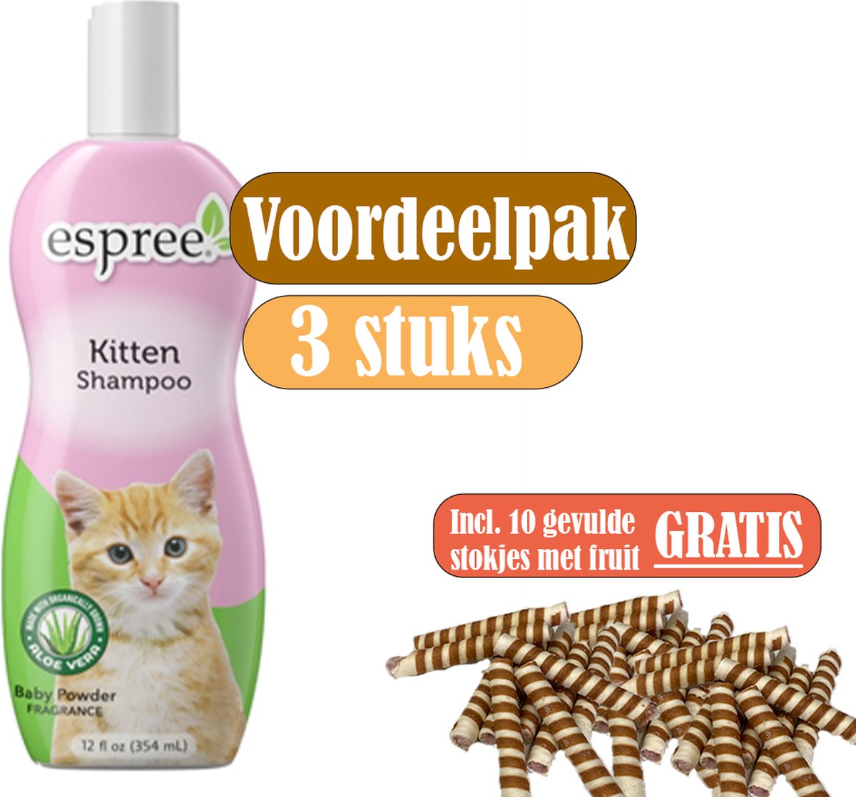 Espree Kitten Shampoo - Voordeelpak 3 stuks - inclusief gratis stokjes gevuld met fruit (10 stuks)