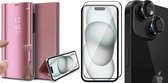 Hoesje geschikt voor iPhone 15 Plus - Screenprotector FullGuard & Camera Lens Screen Protector Zwart - Book Case Spiegel Roségoud