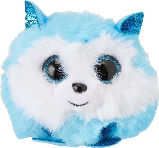 Gros plan d'une peluche Teeny Puffies bleue et blanche, duveteuse, avec des oreilles pailletées.