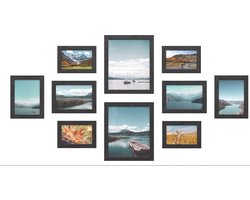 fotolijst, set van 10 fotolijsten - 2 stuks 20 x 25 cm, 4 stuks 13 x 18 cm en 4 stuks 10 x 15 cm, gemaakt van vezelplaat, zwart RPF310H