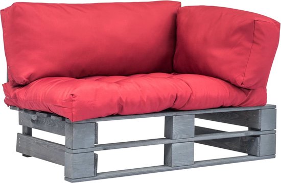 The Living Store Palletbank - Grenenhouten loungebank - 110x66x65 cm - Inclusief kussens - Rood - Geschikt voor binnen en buiten