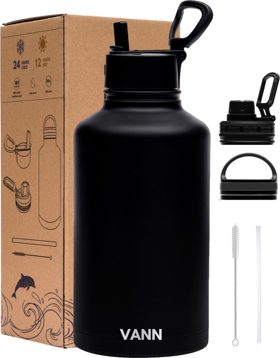 VANN® 3-Wandige waterfles 2 liter met rietje voor volwassenen – met 3 doppen / Multifunctioneel – RVS waterjug 2L - Zwart
