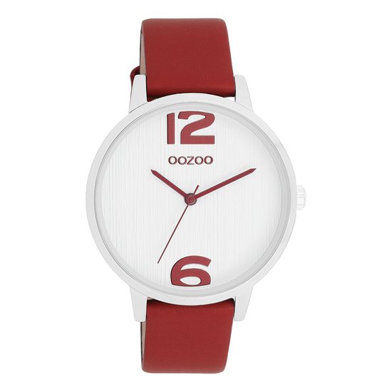 OOZOO Timepieces - Zilverkleurige OOZOO horloge met dahlia rood leren band - C11237