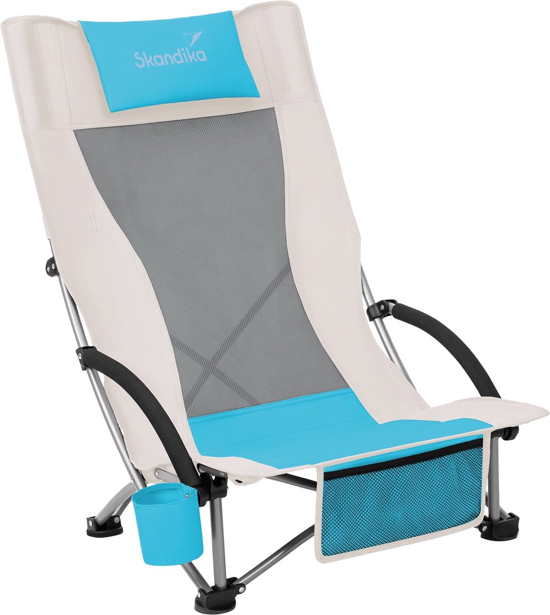 Skandika Beach Klapstoel - Stoel - Comfortabele strandstoel - Campingstoel - Lichtgewicht - Bekerhouder - Makkelijk te vervoeren - Max. 136 kg - 59 x 70 x 85 cm (BxDxH) - Opvouwbare ligstoel - Strand, kamperen, festival, vissen - beige/turquoise