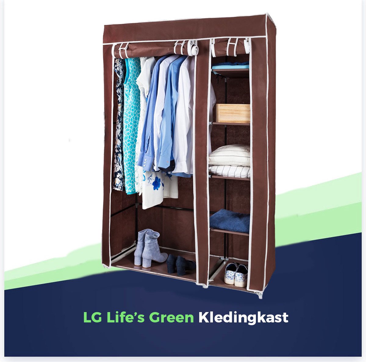 Life's Green Opvouwbare Kleerkast - 110 x 45 x 175 cm - Kledingrek met 5 Legplanken en Ophangstang - Stoffen kledingkast - 140 kg Draagvermogen - Bruin