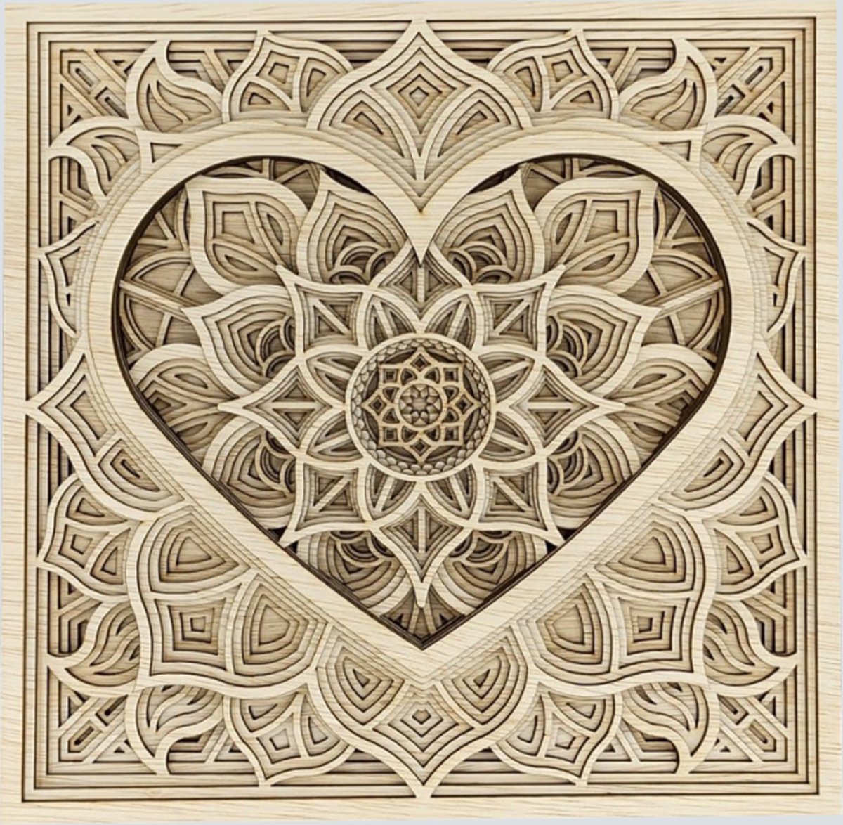 Handgemaakte duurzame 3D-gelaagde vierkante hart-mandala - natuurlijk