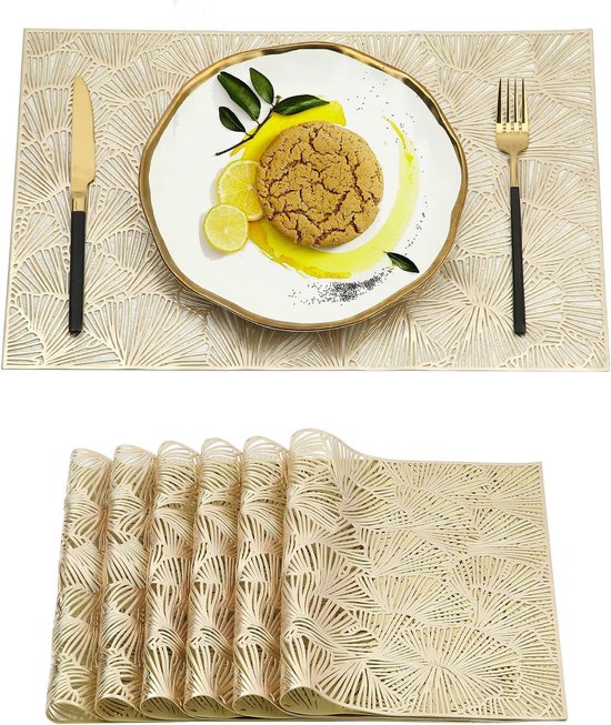 Placemat, gouden placemat, afwasbaar, set van 6 rechthoekige placemats