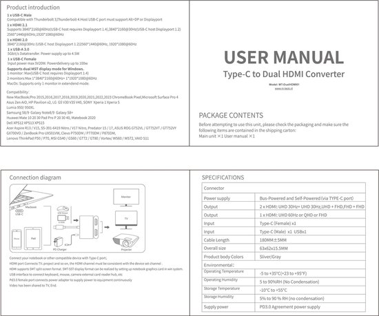 Gebruikershandleiding en specificaties van een USB-C naar Dual HDMI converter, met de titel "Type-C to Dual HDMI Converter".