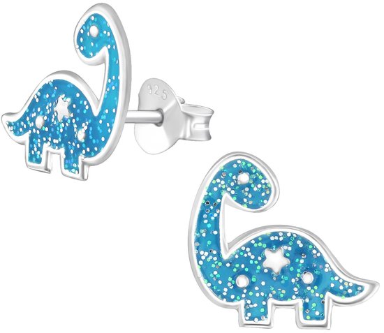 Joy|S - Zilveren dinosaurus oorbellen - 12 x 10 mm - dino blauw met glitter - oorknoppen