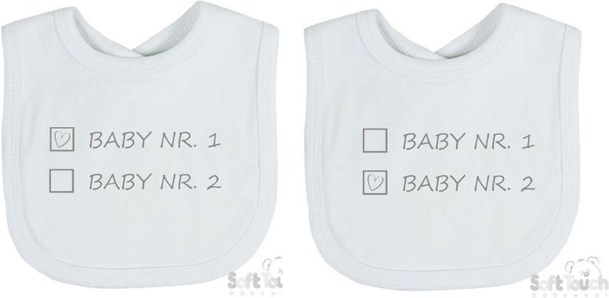Goedkoopste Soft Touch 2-pack Slabber Slabbetje Slab Baby nr. 1 & Baby nr. 2 Unisex Tweeling Katoen Wit/grijs Maat 33x22 Cm