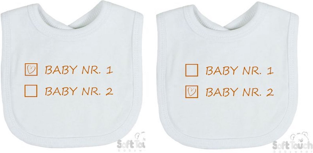 Goedkoopste Soft Touch 2-pack Slabber Slabbetje Slab Baby nr. 1 & Baby nr. 2 Unisex Tweeling Katoen Wit/tan Maat 33x22 Cm