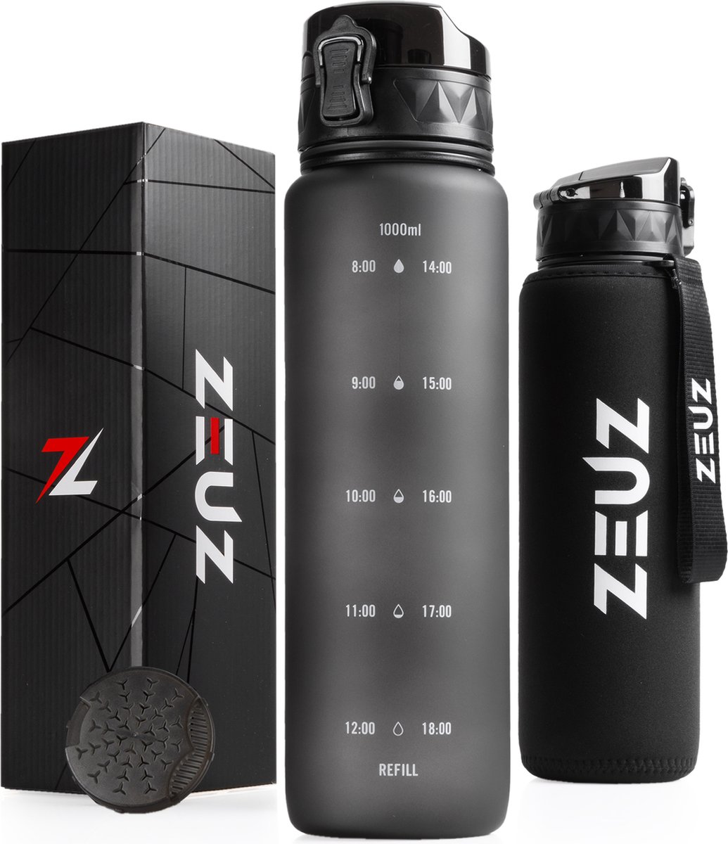 ZEUZ Motivatie Waterfles 1 Liter met Tijdmarkeringen – Motiverende Drinkfles met Rietje – Volwassenen & Kinderen - BPA Vrij – 1000 ML - Zwart
