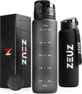 ZEUZ Motivatie Waterfles 1 Liter met Tijdmarkeringen – Motiverende Drinkfles – Volwassenen & Kinderen - BPA Vrij – 1000 ML - Zwart