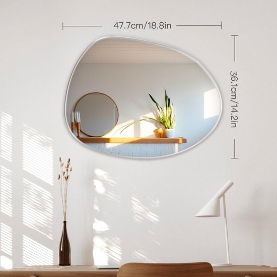 Zelfklevende asymmetrische spiegel, zelfklevende badkamerspiegel, decoratieve moderne asymmetrische glazen wandspiegel voor hal, badkamer, slaapkamer, woonkamer (fijn geslepen, 47,7 x 36,1 cm,