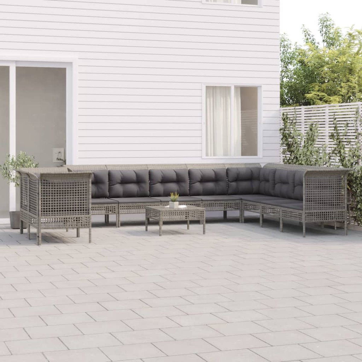 The Living Store 11-delige Loungeset met kussens poly rattan grijs - Tuin Lounge Set - Loungebank - Buitenset - Patio Furniture - Garden Sofa