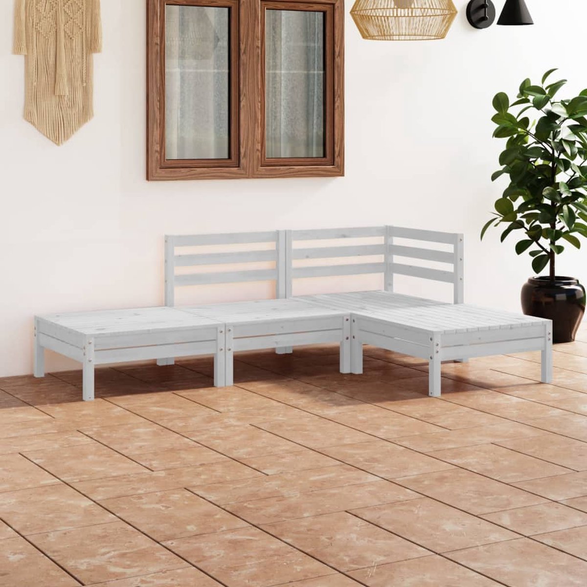 Tuin Lounge Set van massief grenenhout in wit met stoffen bekleding.