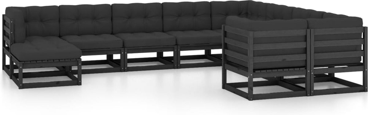 Massief grenenhouten loungeset in zwart met kussens - tuinmeubilair.