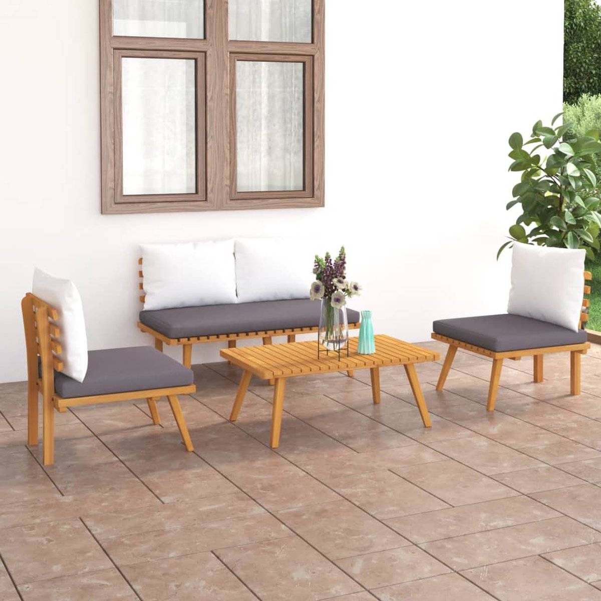 The Living Store 4-delige Loungeset met kussens massief acaciahout - Loungeset - Acacia Hout - Tuinmeubles - Lounge Set - Buitendecor