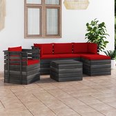 The Living Store Pallet Tuinset - Houten Loungeset - Grenenhout - Rood Kussen - Modulair Design - 7-delig