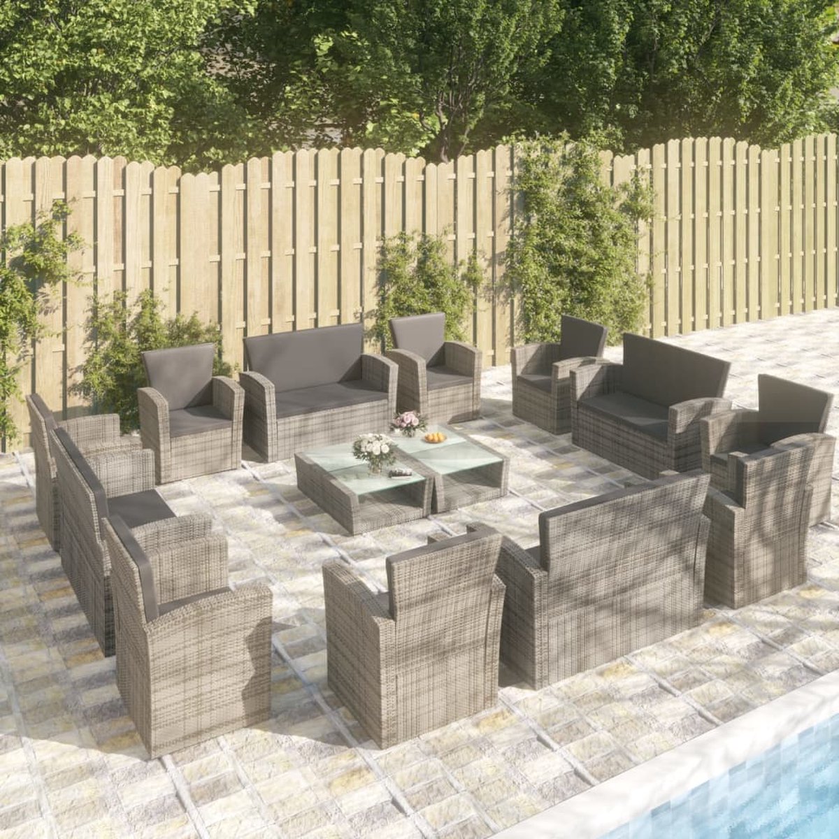 The Living Store 16-delige Loungeset met kussens poly rattan grijs - Loungeset - Tuinset - Poly Rattan - Buitentijnen - Loungestoel