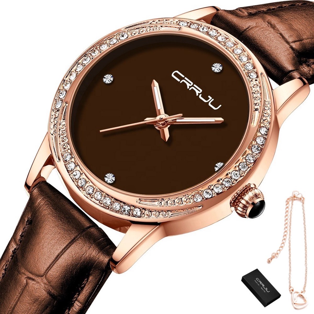 CRRJU® - Horloge Dames - Cadeau voor Vrouw - Incl. Armband - 32 mm - Bruin Rosé