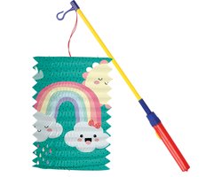 Trek lampion regenboog - blauw - H16 cm - papier - met lampionstokje - 50 cm