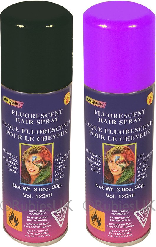 Twee spuitbussen haarlak, paars en zwart, met fluorescerend effect, 125ml per stuk.