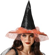 Halloween heksenhoed - met sluier - one size - zwart/oranje - meisjes/dames - verkleed hoeden