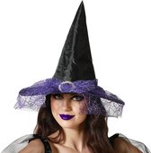 Halloween heksenhoed - met sluier - one size - zwart/paars - meisjes/dames - verkleed hoeden