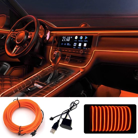 Ledverlichting voor de auto, 5 m, led autoverlichting met besturing, led auto-interieur verlichting, ledlampen, ledstrip, ledverlichting, sfeer, auto, led-binnenverlichting ,oranje.