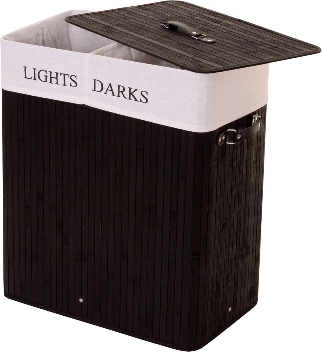 Goedkoopste Wasmand MCW-C21, Wasbox Wasbox, bamboe 2 compartimenten 63x55x34cm 100l ~ zwart