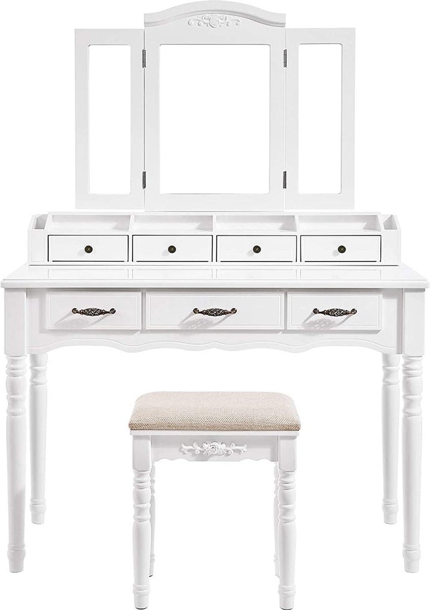 Kaptafel - Make-up tafel - Make-up kast - Cosmetica Tafel - Met 7 lades - Met spiegel - Wit