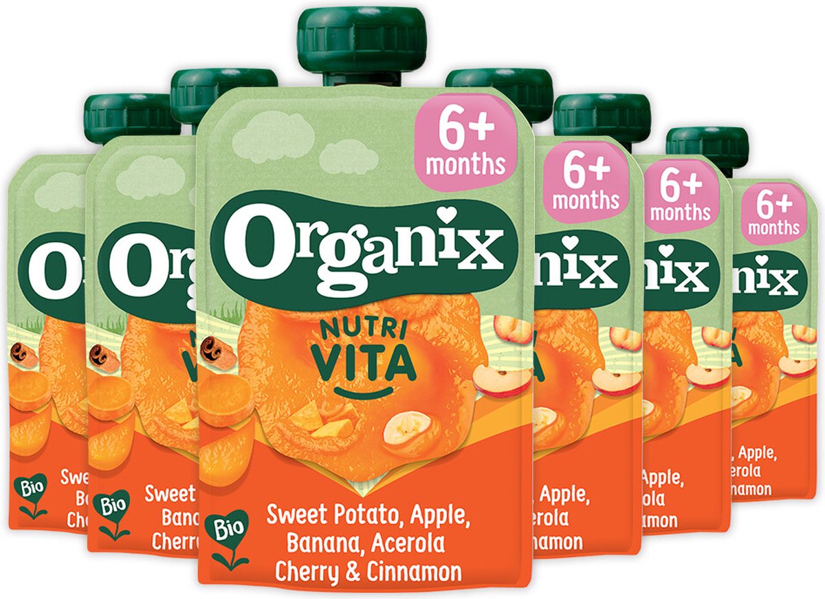 Goedkoopste Organix Knijpfruit 6 m Nutri Vita Zoete Aardappel, Kers & Kaneel - Babymaaltijd - Knijpfruit - 6 x 100g - Voordeelverpakking