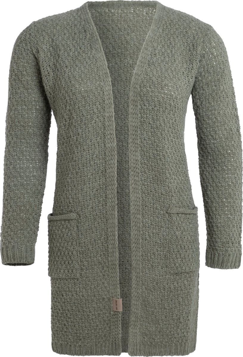 Knit Factory Luna Gebreid Vest Urban Green - Gebreide dames cardigan - Middellang vest reikend tot boven de knie - Groen damesvest gemaakt uit 30% wol en 70% acryl - 36/38 - Met steekzakken