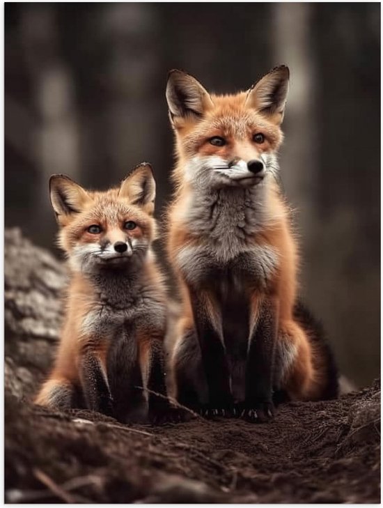 Poster Glanzend – Moeder vos en kind zitten in een bos - 75x100 cm Foto op Posterpapier met Glanzende Afwerking