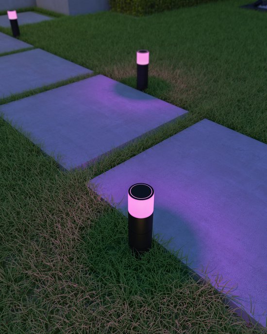 Twee zwarte, cilindervormige buitenlampen met roze gloed langs een tuinpad met betontegels.