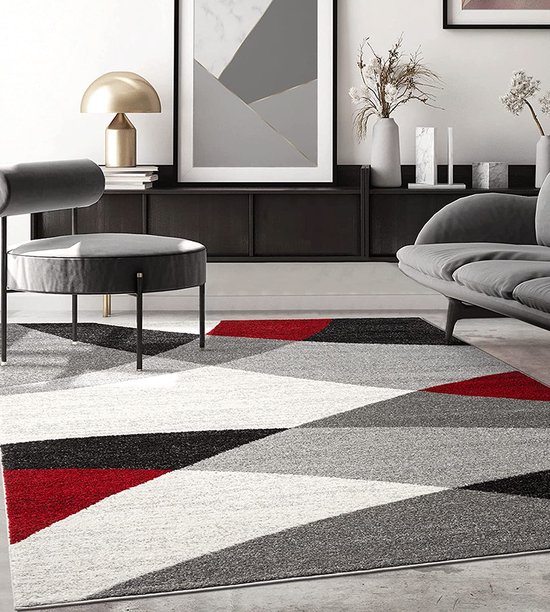 Modern design woon- of slaapkamer tapijt | Geometrische patronen - Grijs  Rood 80x140 |... | bol.com