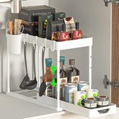Organisateur de cuisine sous évier, organisateur de tiroir à 2 étages, organisateur de placard d'ascenseur de cuisine, avec 4 crochets, 8 patins antidérapants et 1 organisateur de tasse suspendu (blanc)