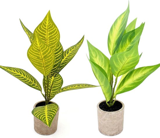 Kunstplant, 2 kunstplanten, kleine planten in potten, bureaudecoratie, planten voor kantoor, bureau, huis, keuken, tuin, tafel en badkamer