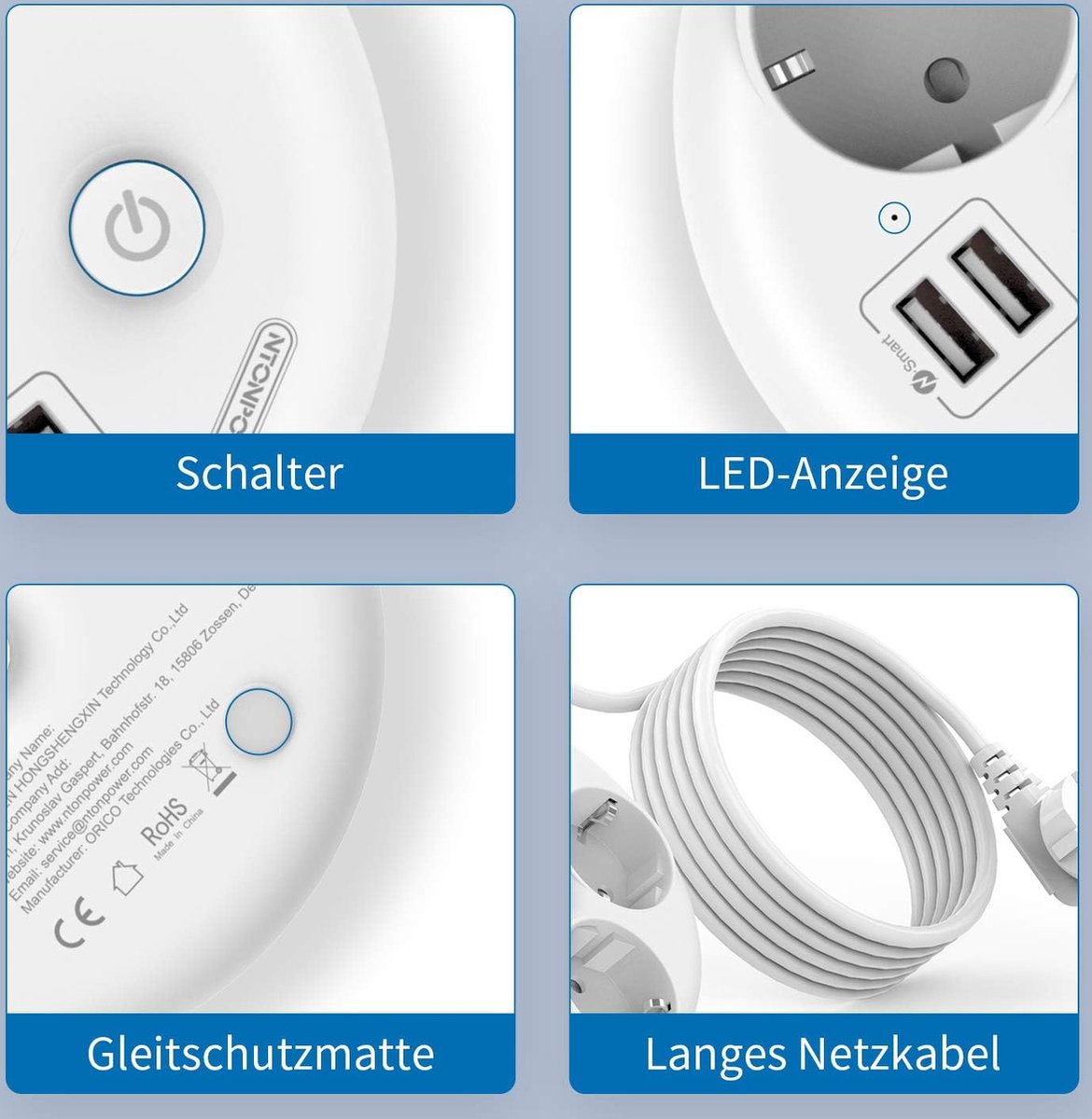 2x Stekkerdoos 4-voudig met 4 USB-Poorten, NTONPOWER Stopcontact met Schakelaar, 3m Kabel, Surge Protector met Overbelastingsbeveiliging Power Strip, voor Thuiskantoor, Wit