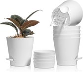 Kunststof bloempot met bewateringssysteem, set van 6 zelfbewaterende potten met onderzetter, ronde plantenpot voor binnen en balkon, tuin, planten, vetplanten, cactus, wit