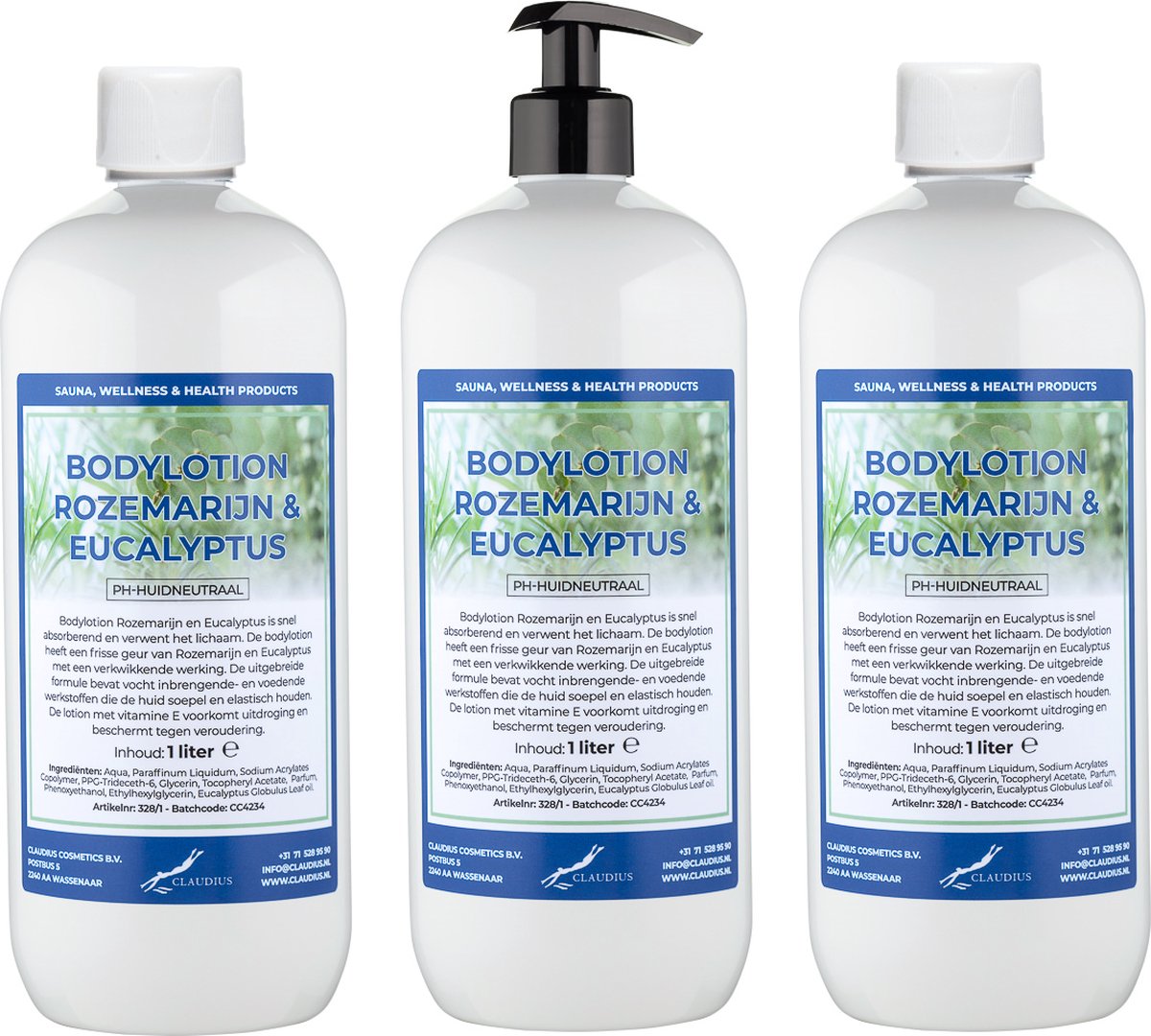 Bodylotion Rozemarijn & Eucalyptus 1 Liter - met gratis pomp - set van 3 stuks