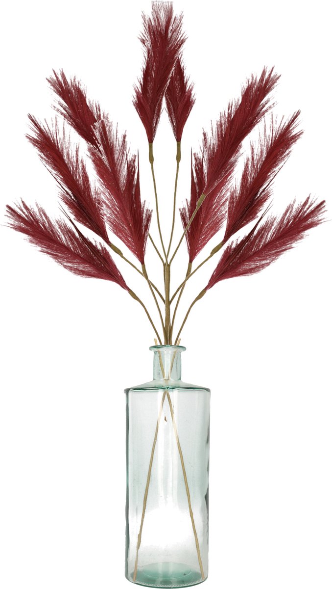 Decoratie pampasgras pluimen in vaas gerecycled glas - bordeaux rood - 98 cm - Tafel bloemstukken