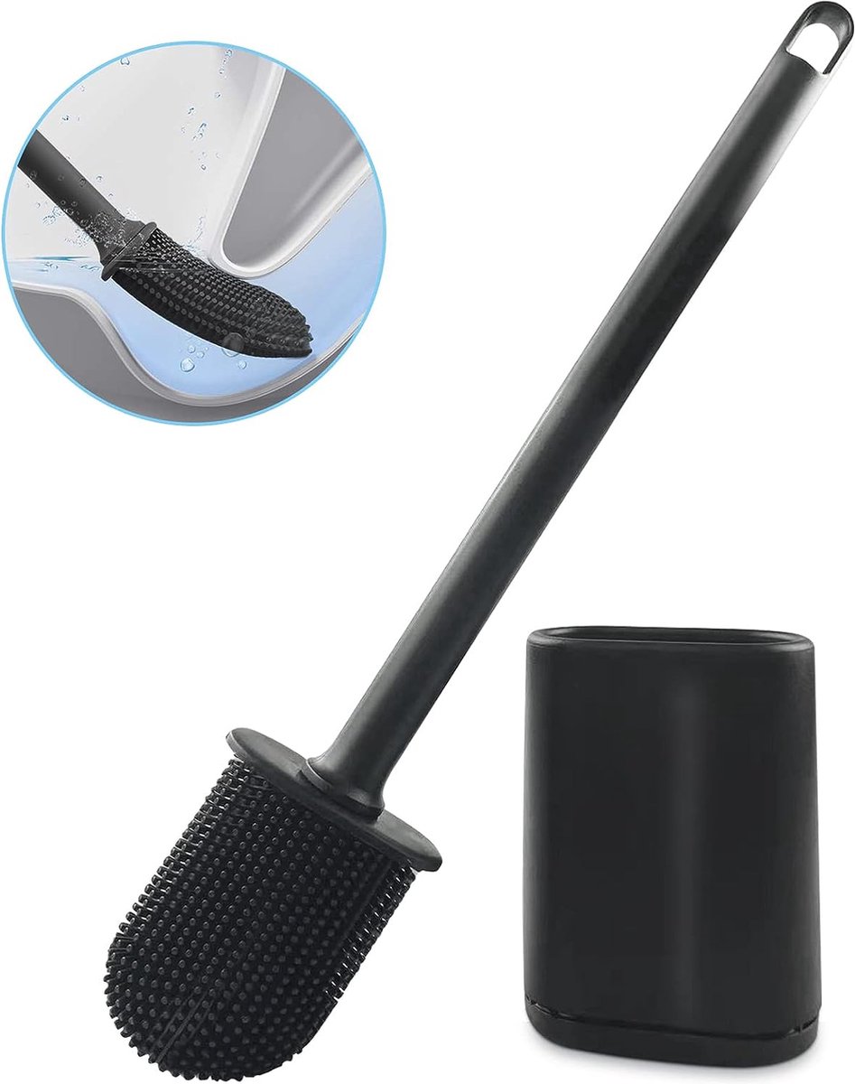 Siliconen Toiletborstel met toiletborstelhouder set - Zwart - Zelfklevende wandmontage - Voor wc of badkamer