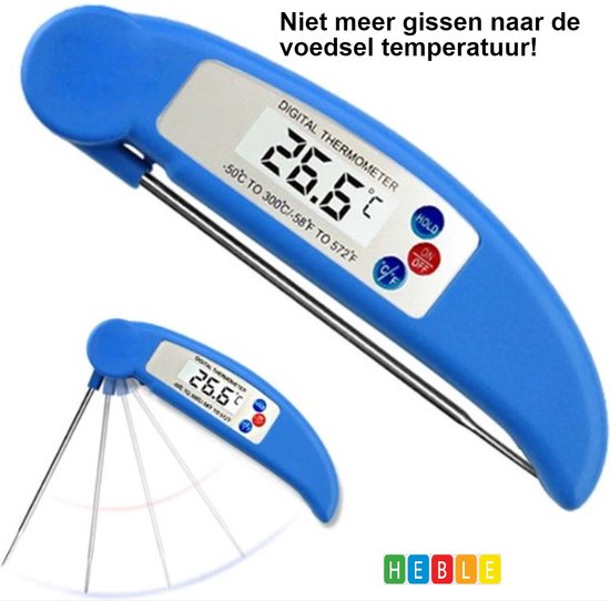 Digitale Kookthermometer -50°C tot 300°C - Inklapbaar & Blauw - Voor Voedsel, Vlees & BBQ's - Heble® -
