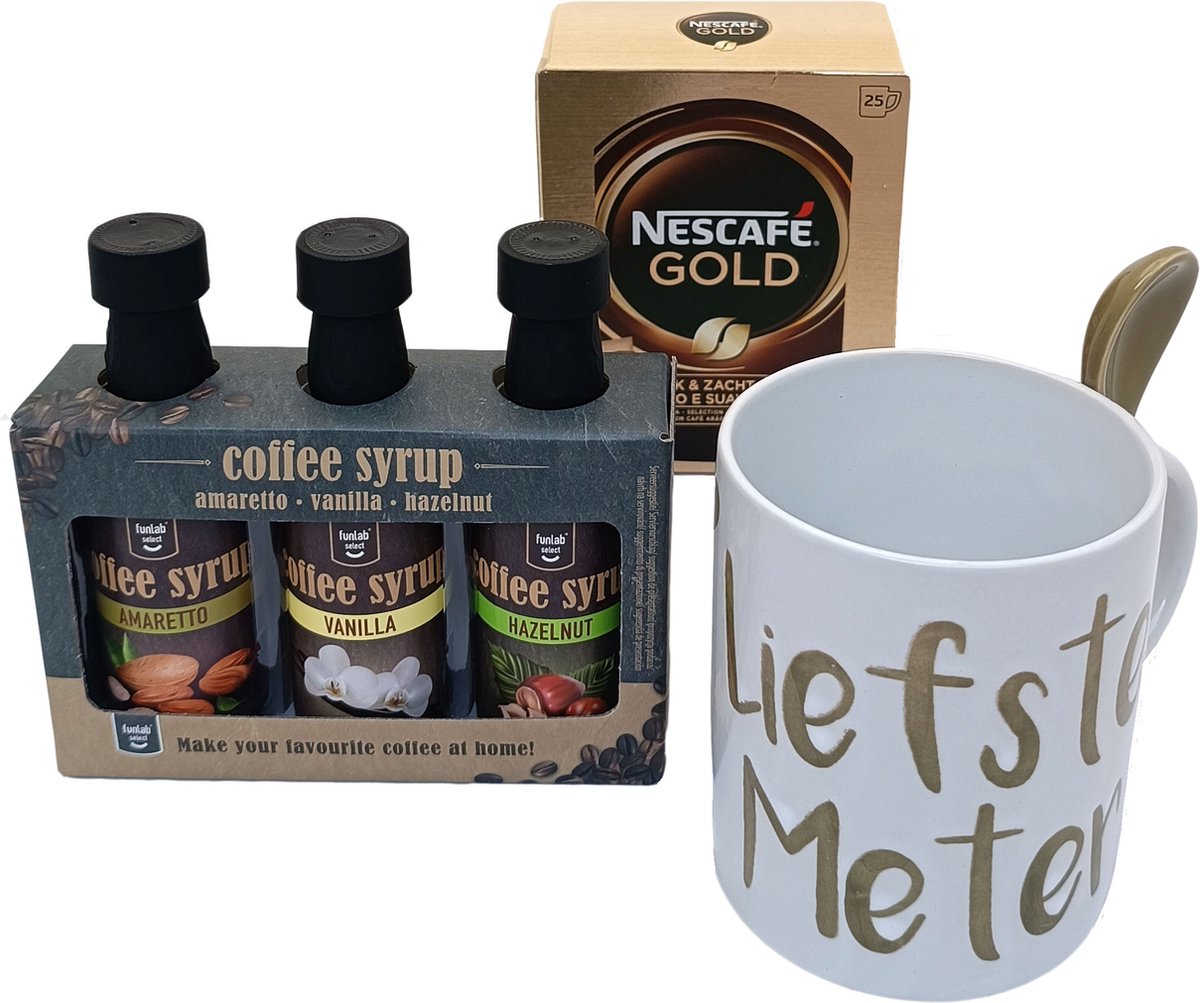 Koffiepakket: Voor de Liefste meter - Koffiesiroop (4 smaken) - Nescafe GOLD (25 zakjes) - Mok met lepel